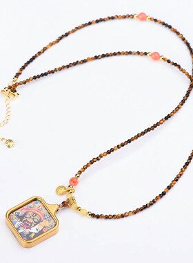 新中式复古天然虎眼石项链扎基拉姆唐卡吊坠绳国潮轻奢毛衣链饰品