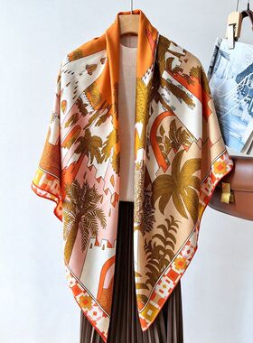 新款四方之风宫殿双面印花真丝羊毛140大方巾丝毛围巾高档披肩女