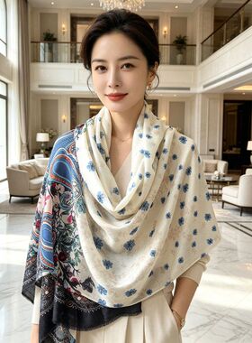 2026秋冬新款蓝调花宴戒指绒水溶长巾轻薄柔软文艺风披肩保暖围巾