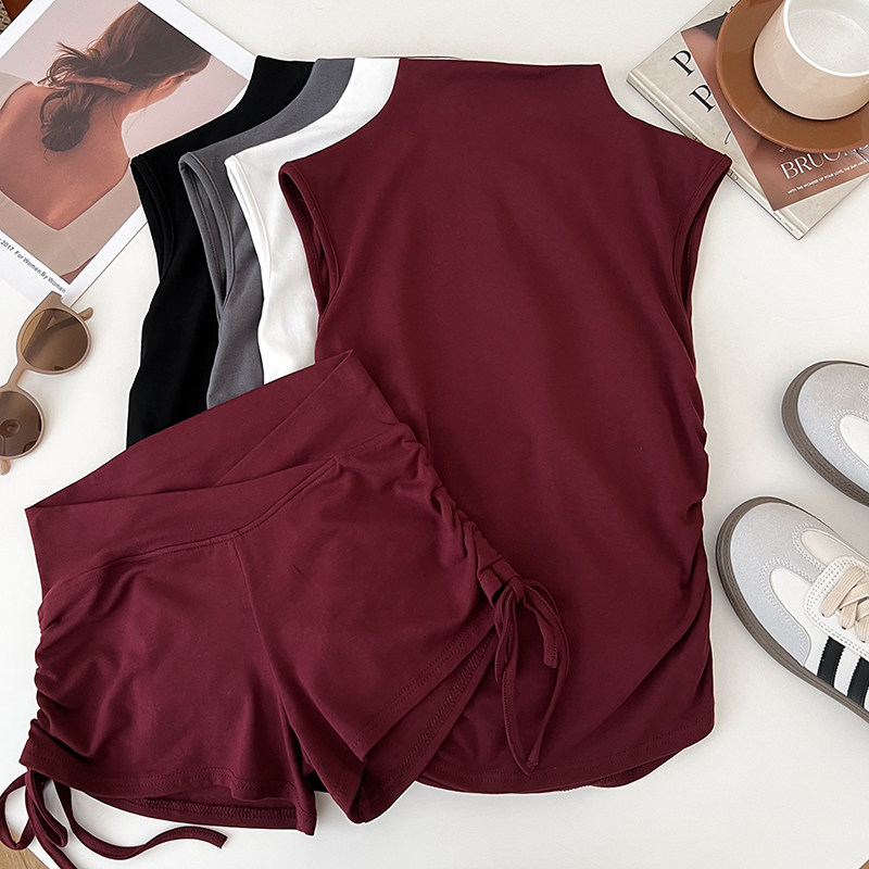 半高领褶皱修身显瘦短款无袖背心上衣+高腰显瘦抽绳短裤两件套女,淘宝优惠券,粉丝福利购,淘宝优惠卷