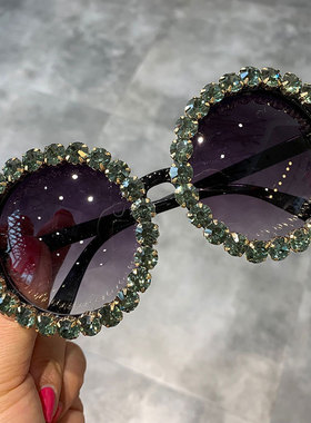 极简圆形黑框水钻装饰太阳镜