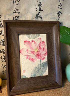 手绘国画新中式禅意清雅荷花复古画桌面摆件画摆台装饰画好运莲莲