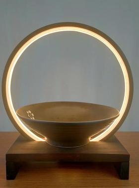 禅意锂电LED充电灯圈实木底座免布线摆件工艺品展台