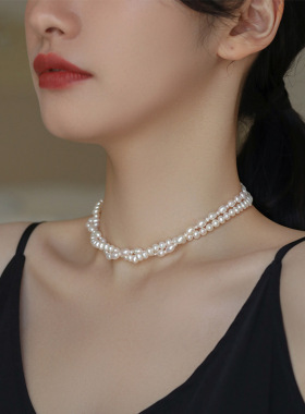 Rusizi天然海水巴洛克珍珠项链女夏百搭双层锁骨链纯银颈链珠首饰