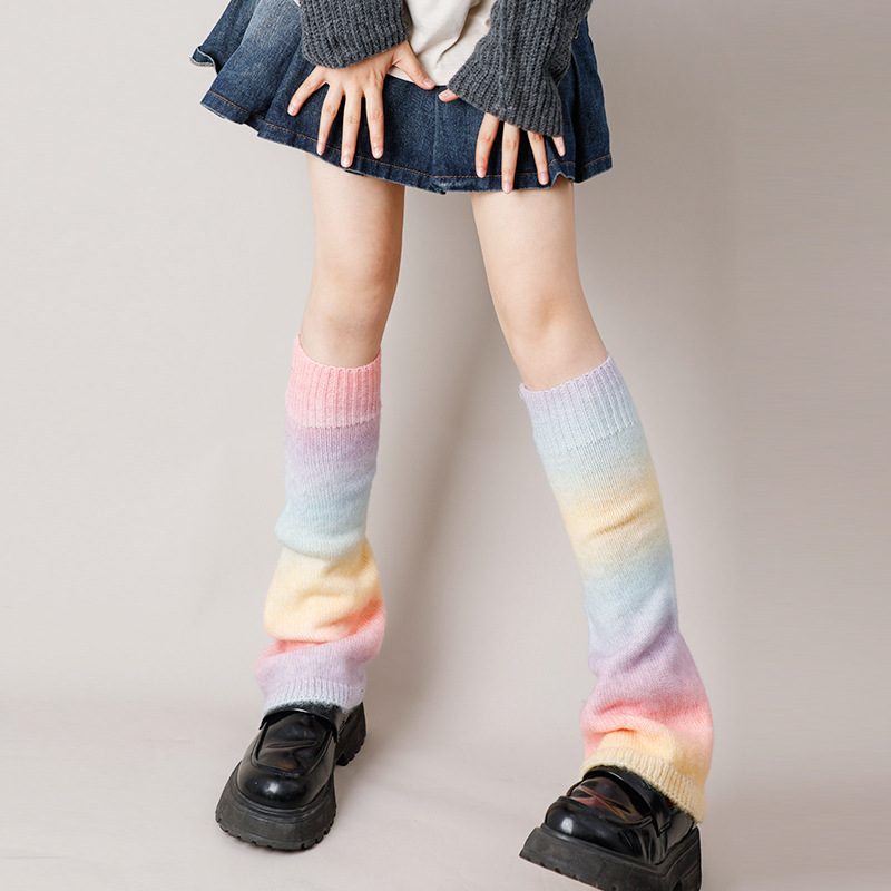亚文化穿搭Jk渐变色针织堆堆袜套Y2K辣妹毛线腿套复古彩虹阔腿套-图0
