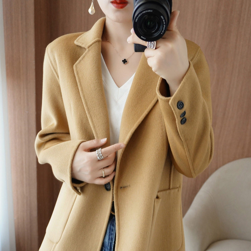 女士毛呢外套2024年新款短款西装外套双面羊毛大衣女咖色短款宽松,淘宝优惠券,粉丝福利购,淘宝优惠卷