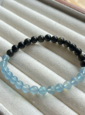 亏本捡漏天然海蓝宝黑曜石手链金曜石女款单圈手串饰品礼物水晶