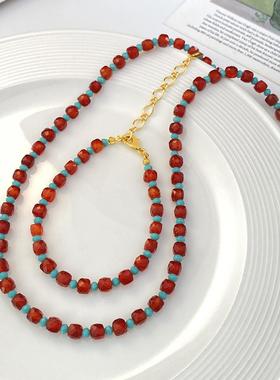 铜合金玻璃项链 镀18K金「五分红霞」串珠项链气质轻奢高端复古风