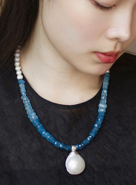 朗睦超大巴洛克海蓝宝手工项链女