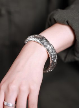 熙素重工雕刻兰花黑檀木银手镯