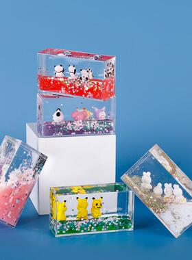 创意长方体流动水液体流沙亮片卡通小动物油滴解压摆件儿童节礼物