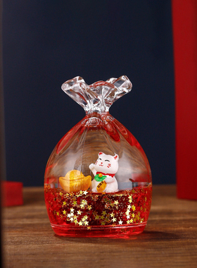 创意福袋漂浮招财猫喜庆红流动液体笔插书房装饰笔筒摆件节庆礼品