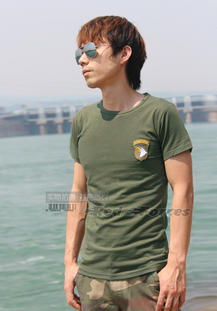 戶外休閒新款軍迷夏季男款修身圓領軍迷短袖彈力T恤 軍綠 黑色315