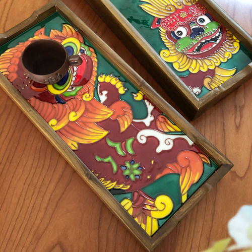 创意可以双面使用的托盘立体浮雕手绘陶瓷茶盘茶道摆件条案瓷板画 - 图1