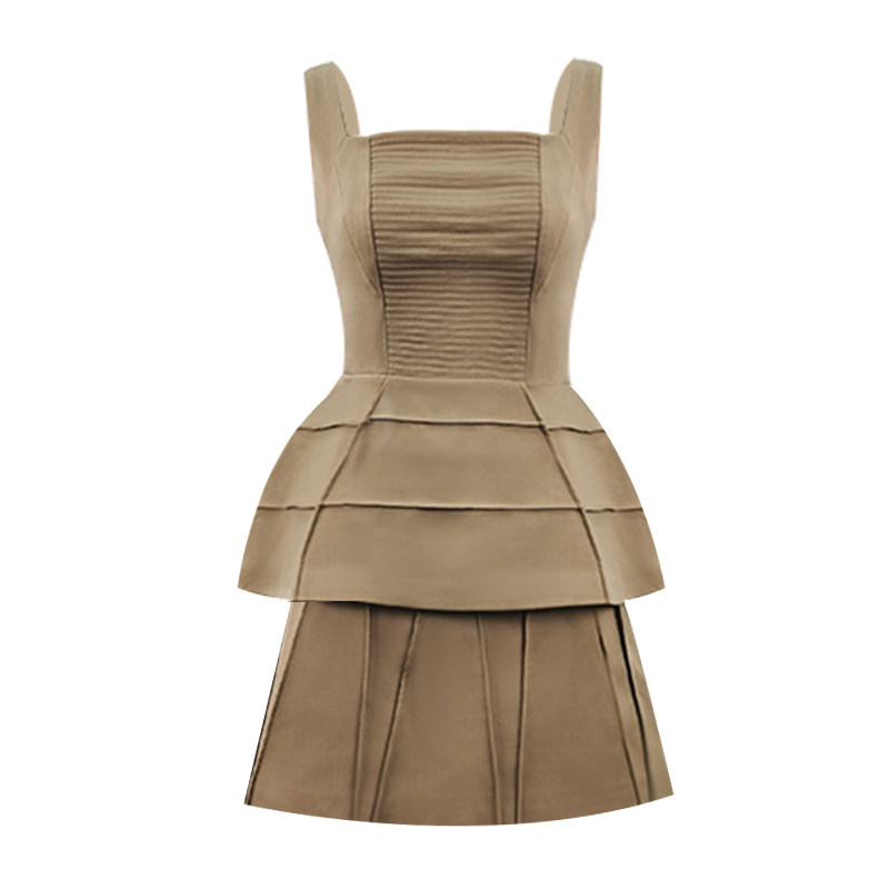 越南小众设计师简约气质卡其色宽吊带背心半身裙收腰卡其色套装裙,淘宝优惠券,粉丝福利购,淘宝优惠卷
