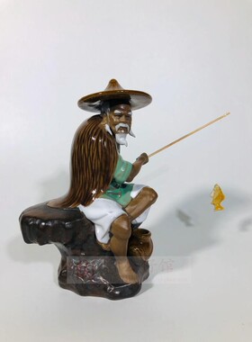 桌面人物摆件渔翁春雨垂钓