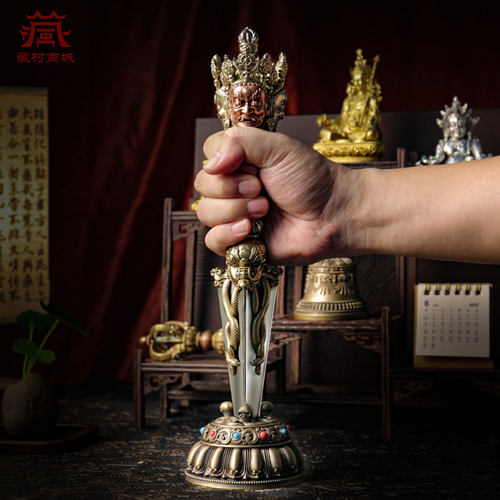 藏村三面普巴金刚橛室内家用秽迹金刚杵带底座桌面铜摆件 - 图3