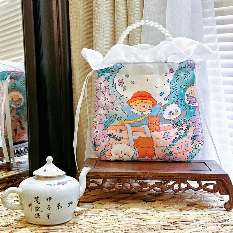 古风汉服马面裙配饰包珍珠手提斜跨包 梅花印花抽绳圆嘟嘟花边包Z,淘宝优惠券,粉丝福利购,淘宝优惠卷