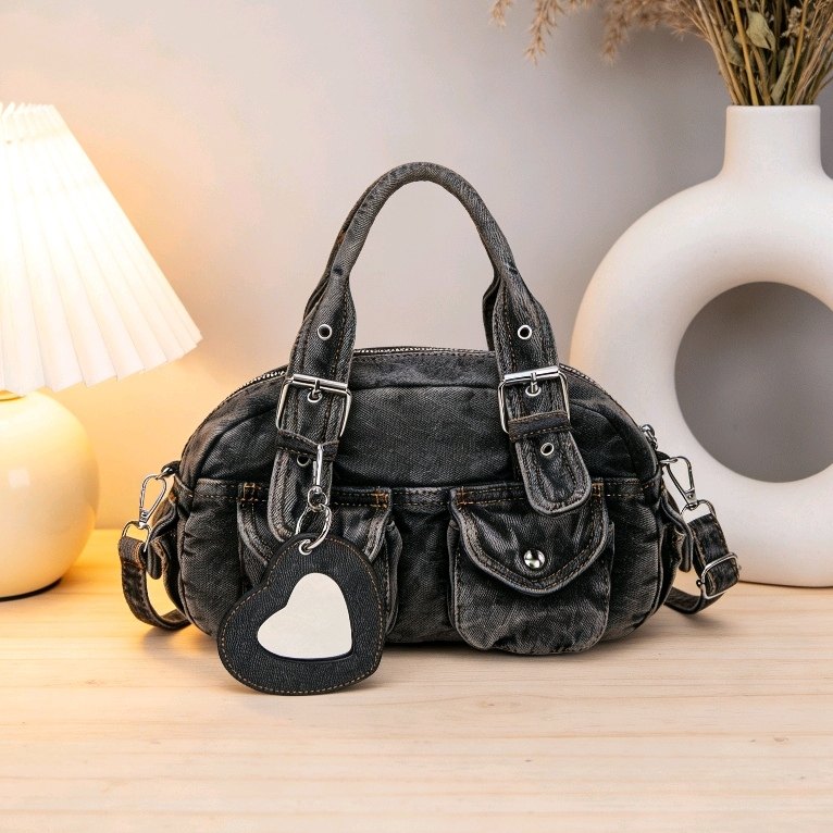 牛仔布包包女 秋冬百搭2025新休闲褶皱斜挎包手提波士顿保龄球包N,淘宝优惠券,粉丝福利购,淘宝优惠卷