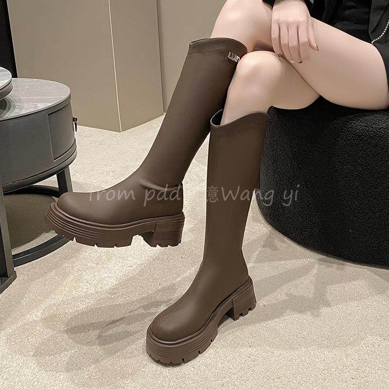 长筒靴女春秋季小个子圆头复古高筒骑士靴厚底v口中跟粗跟瘦瘦靴,淘宝优惠券,粉丝福利购,淘宝优惠卷