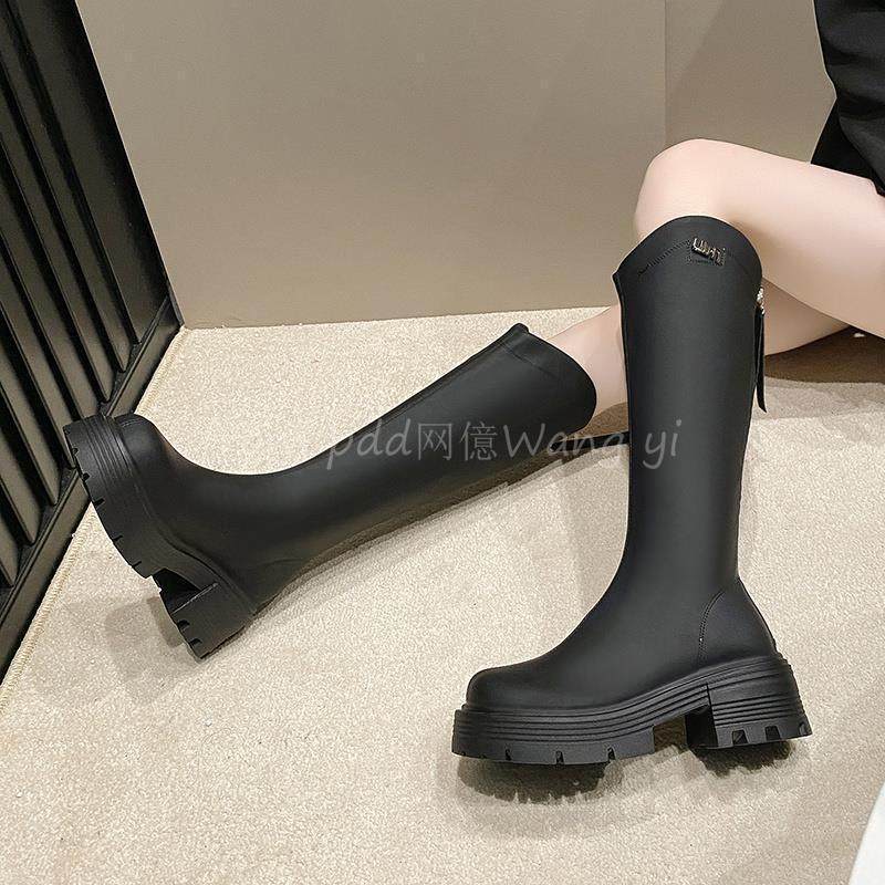 长筒靴女春秋季小个子圆头复古高筒骑士靴厚底v口中跟粗跟瘦瘦靴,淘宝优惠券,粉丝福利购,淘宝优惠卷