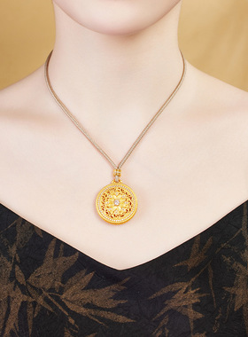 S999足银镀真金古法镂空葵花罗盘吊坠项链女新中式轻奢锁骨链礼物