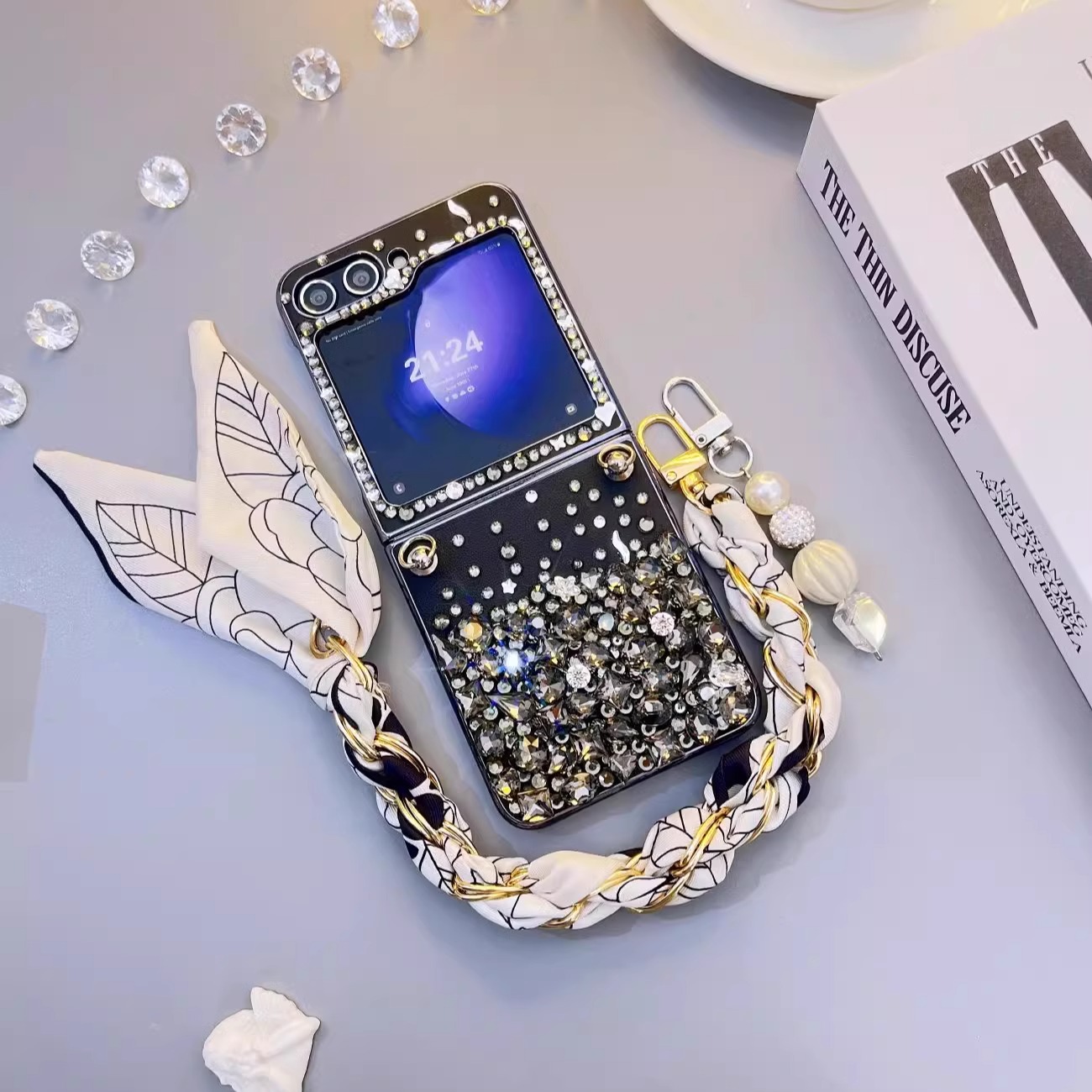 适用于三星Galaxy Z Flip6折叠屏防摔Zflip5手机壳镶钻外壳水钻黑白色电镀皮壳奢华白宝石保护壳达人造物原创 - 图0