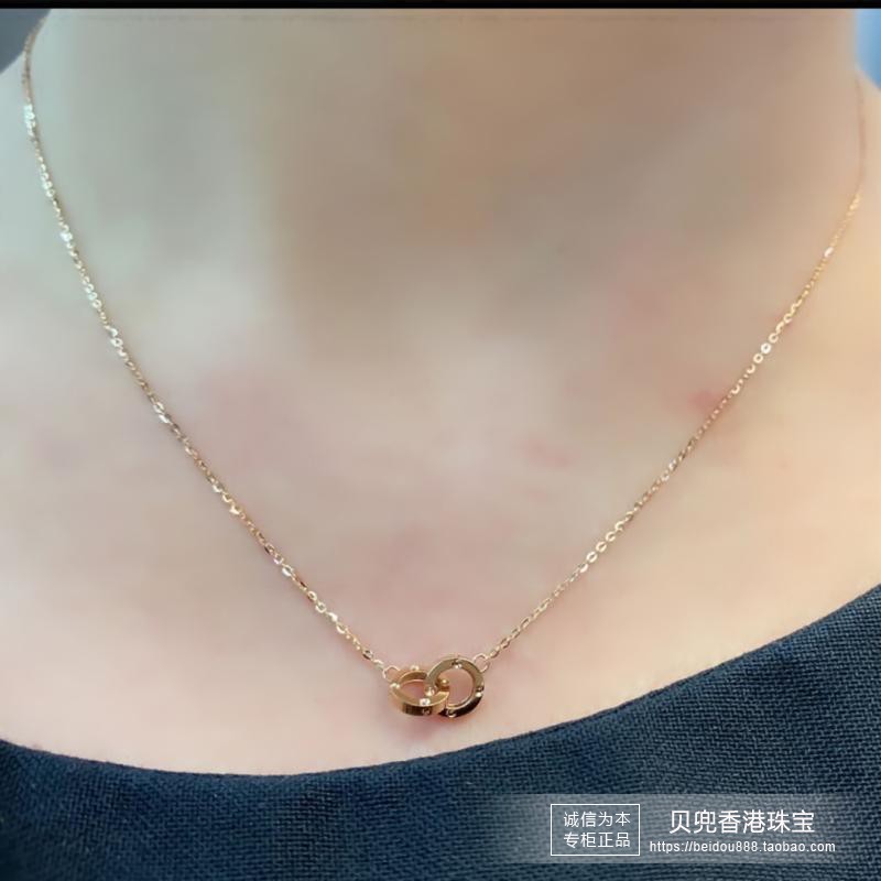 香港六福珠宝专柜正品18K/750玫瑰金双圆环一体项链女款套链-图2