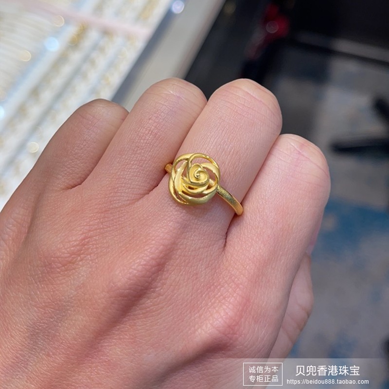 香港周大福专柜正品999.9足金计价镂空花朵爱心黄金女款活口戒指