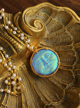 精品吊坠蓝色月亮脸淡水珍珠颈链