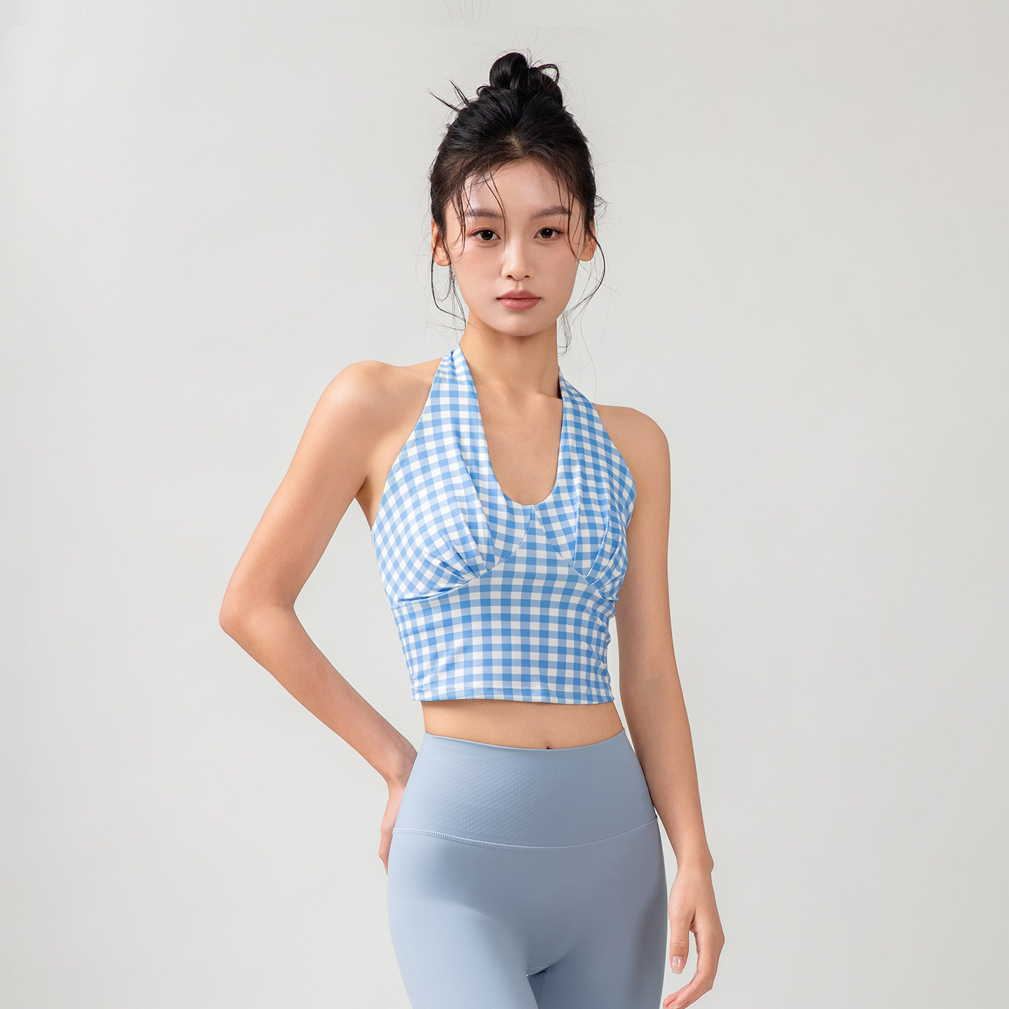 新款运动内衣女性感女士时尚瑜伽背心挂脖式防震格子健身外穿文胸,淘宝优惠券,粉丝福利购,淘宝优惠卷