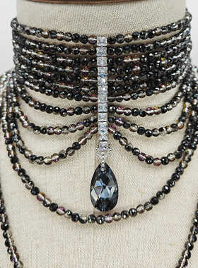 海盗爷秀场款长流苏水晶吊坠多层编织长项链复古多色施华洛吊坠款
