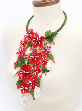 卿手作巴洛克珍珠项链红绿叶