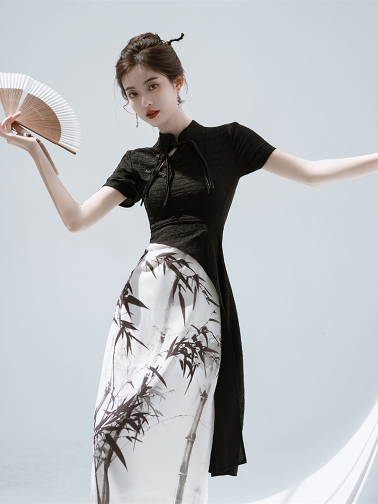 夏季女装新中式国风改良旗袍清冷感水墨画连衣裙小个子礼服禅意风