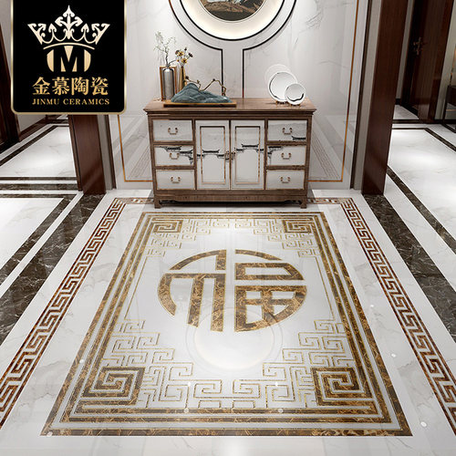 新中式入户玄关地砖拼花镀金福字背景墙瓷砖地面拼图可定制水刀砖 - 图0