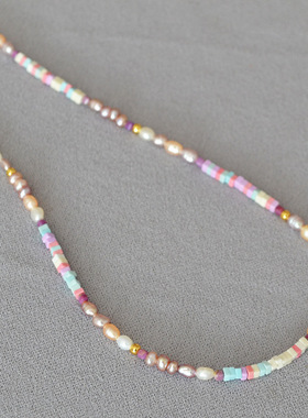 日韩小众设计清新甜美马卡龙彩色淡水珍珠串珠细巧简约项链锁骨链