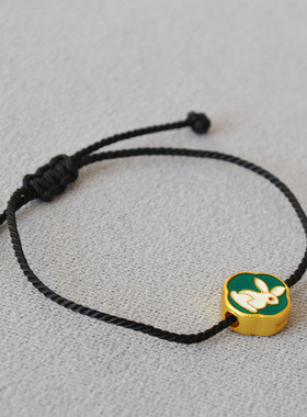 特价~抽拉绳彩蛋黄铜古法沙金工艺珐琅黑色手绳简约复古气质手链