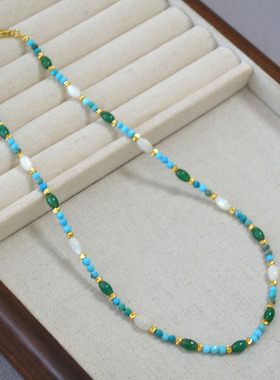 法式优雅浪漫小众设计清新蓝色松石白色贝壳米珠串珠简约气质项链