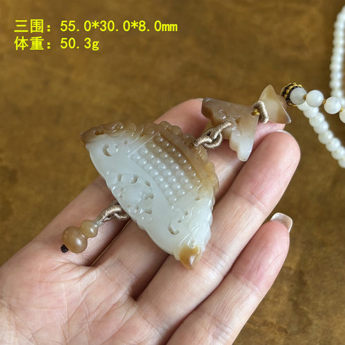N复古国风~糖白玉籽料仿古扇形如意玉佩套装 有原皮朕®新疆和田玉 - 图2