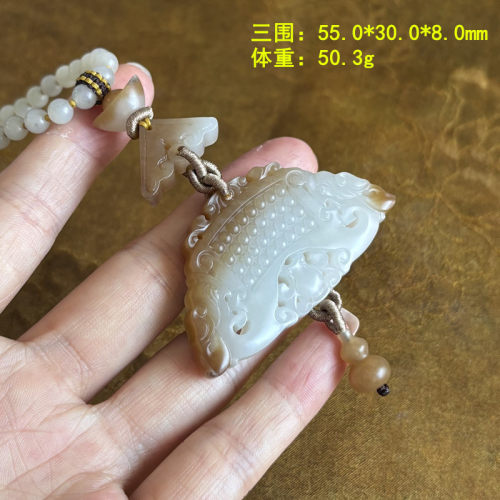 N复古国风~糖白玉籽料仿古扇形如意玉佩套装 有原皮朕®新疆和田玉 - 图1