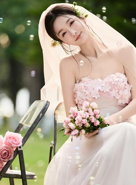 简约花瓣百搭婚纱头纱粉色素纱