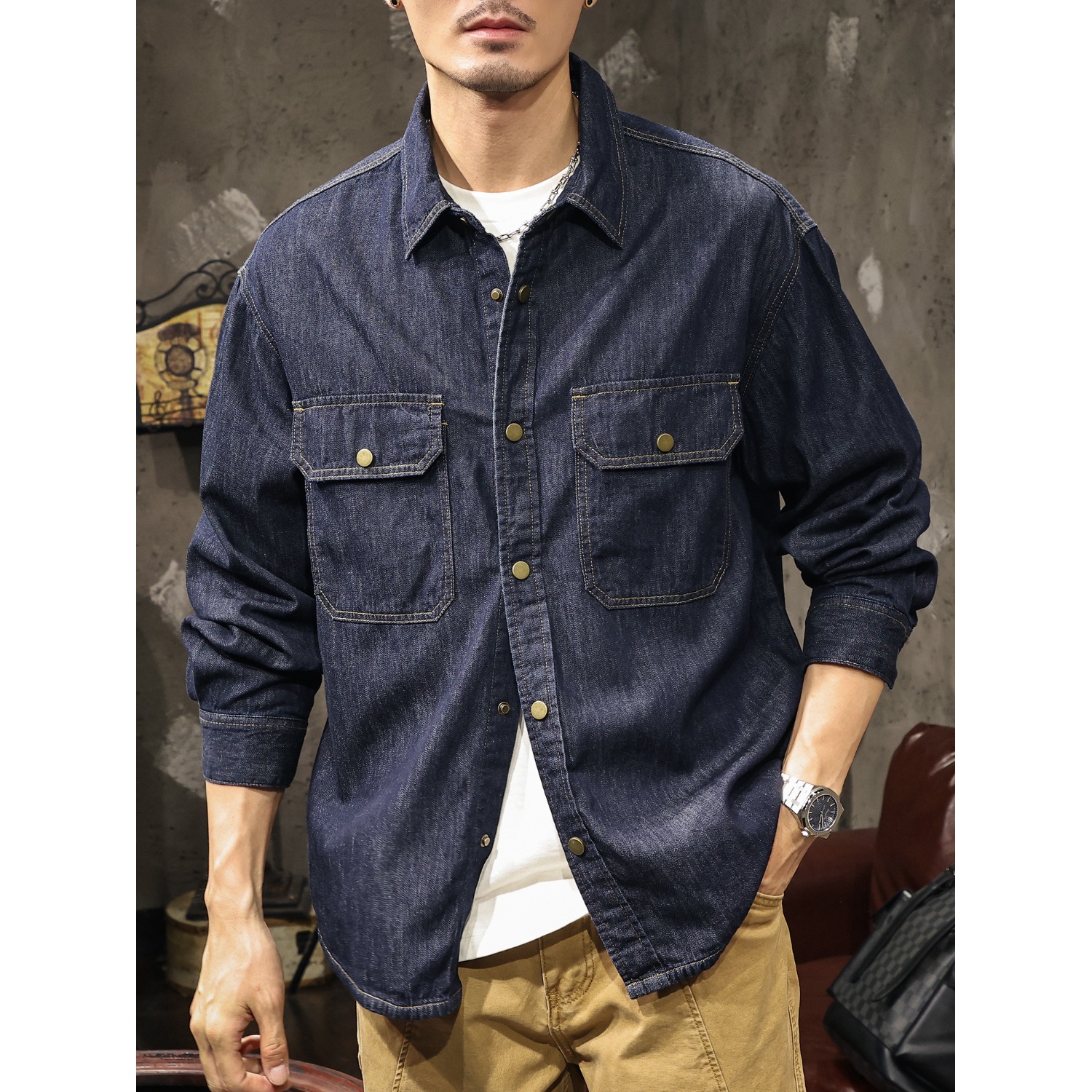 复古工装衬衫男款2025春秋季新款美式潮牌牛仔外套户外硬汉风衬衣 - 图0