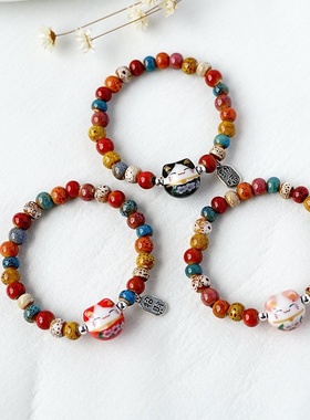 2026时尚夏季新款小清新文艺田园甜美招财猫串珠陶瓷手串小众设计