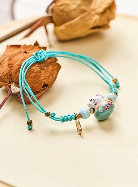 2026时尚夏季流行景德镇陶瓷招财猫手链古风流行百搭感手工编织