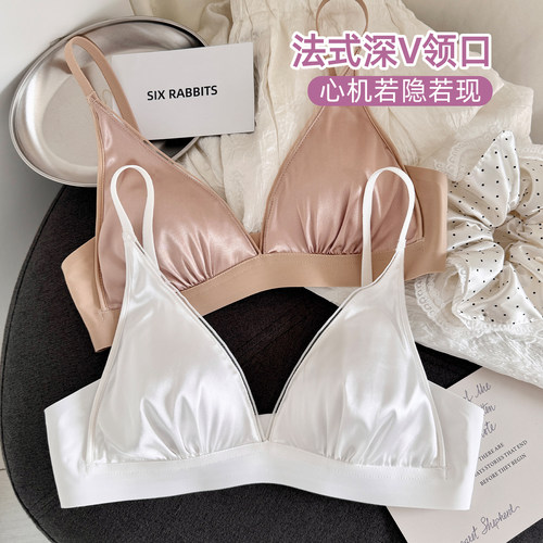 六只兔子内衣女薄款显瘦三角杯文胸舒适无钢圈深V缎面软支撑胸罩 - 图3