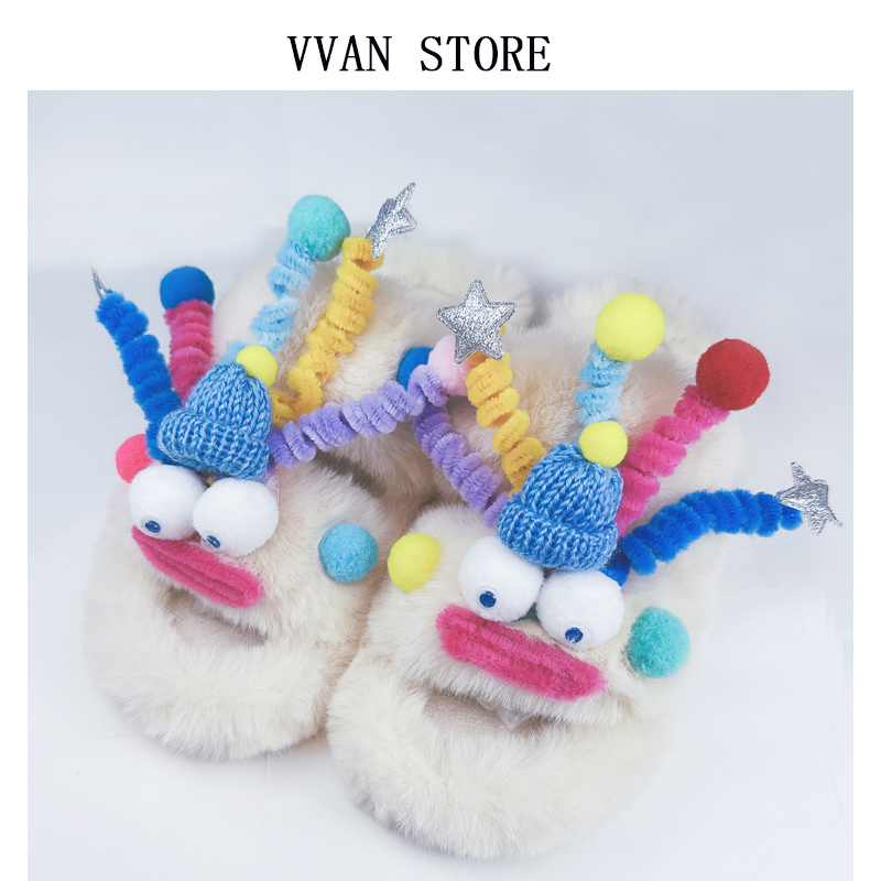 网红毛毛拖鞋女外穿可爱原创设计厚底丑萌毛绒家居防滑一字棉拖鞋 - 图0