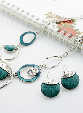 欧美复古中古风不规则几何形状树脂项链个性圆环锁骨链套装