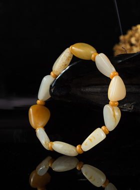 藏家级别高润天然和田玉籽料手工打磨随形手钏手串玉质温和细腻