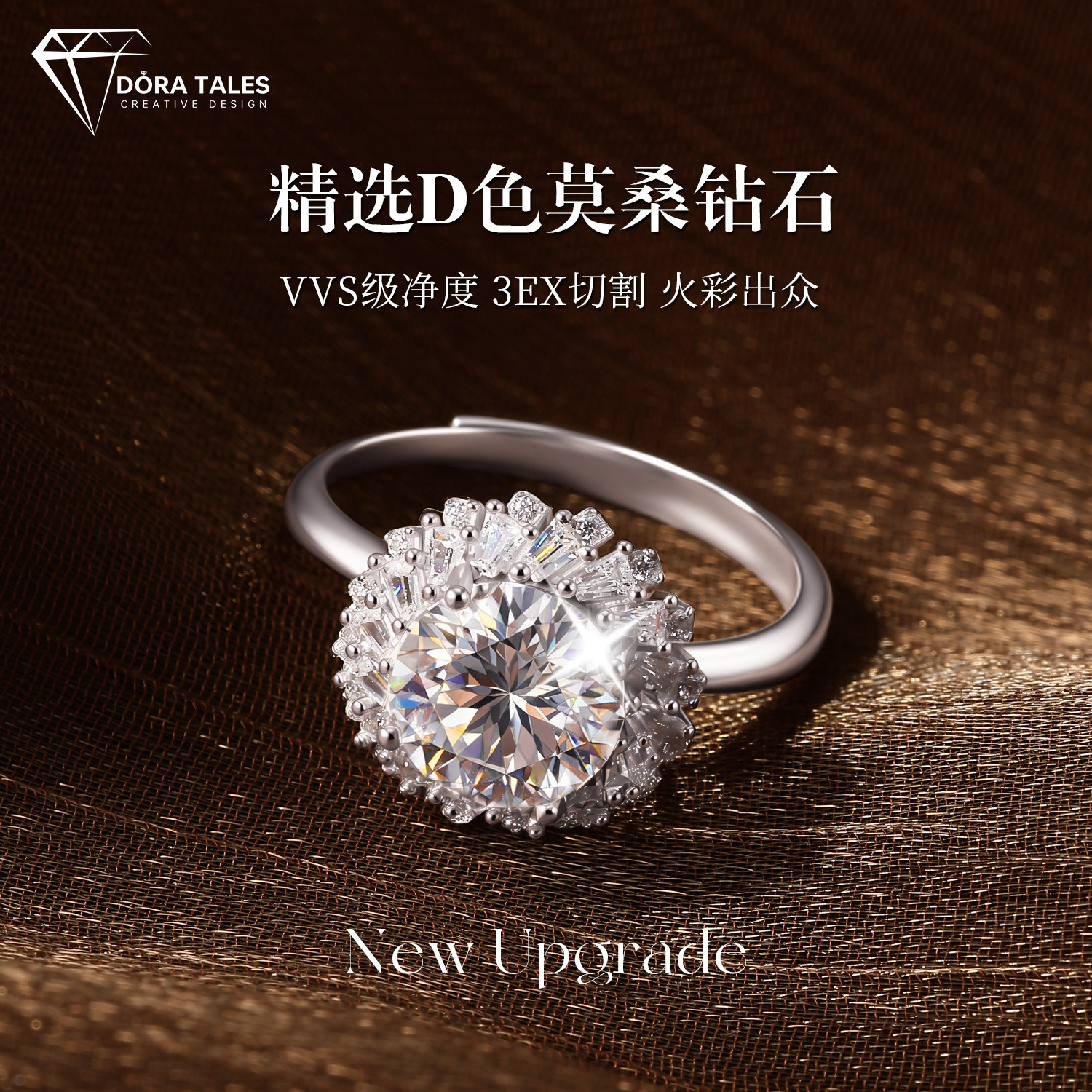 S925 sterling silver moissanite diamond ring surround design women's wedding light luxury high-end classic sunflower wedding ring live mouth
