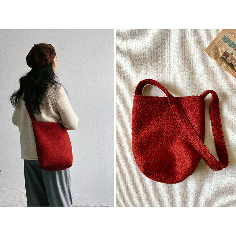 白日梦长自制！复古红色羊毛呢水桶包女2025法式秋冬百搭斜跨包,淘宝优惠券,粉丝福利购,淘宝优惠卷